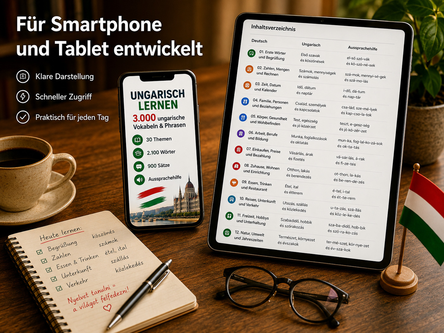 Ungarisch lernen auf Smartphone und Tablet mit Inhaltsverzeichnis und Aussprachehilfe