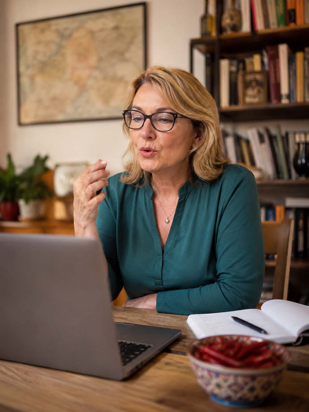 Frau übt Ungarisch am Laptop mit Notizbuch in wohnlicher Lernumgebung