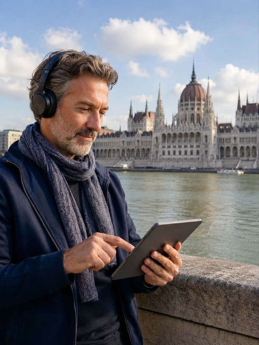 Mann übt Ungarisch mit Tablet und Kopfhörern vor dem Parlament in Budapest