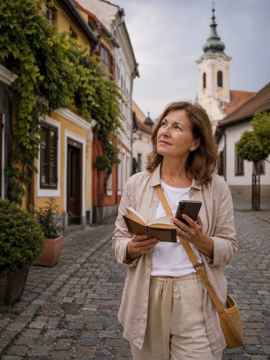 Frau mit Buch und Smartphone in einer historischen Altstadt in Ungarn