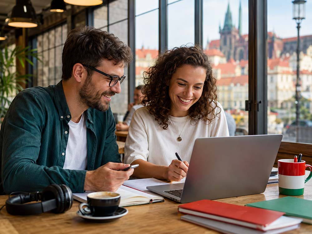 Zwei Erwachsene lernen mit Laptop und Notizen gemeinsam Ungarisch im Café