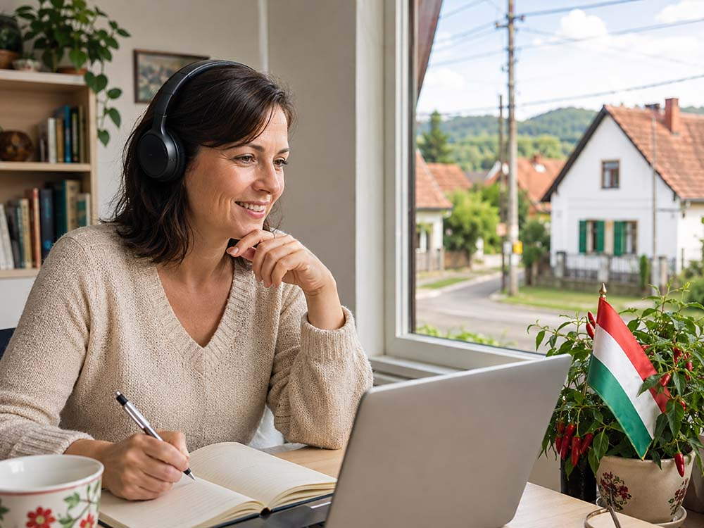 Frau lernt zu Hause mit Kopfhörern, Laptop und Notizbuch Ungarisch