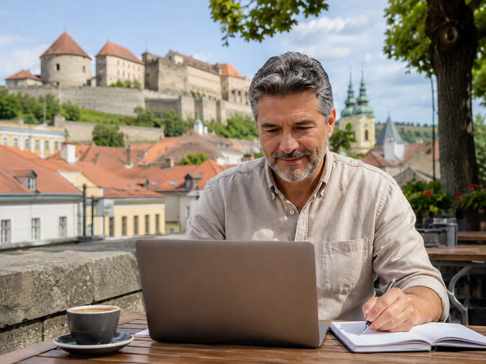 Mann lernt mit Laptop und Notizbuch Ungarisch auf einer Terrasse in Ungarn