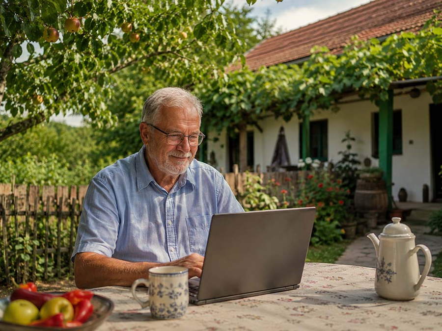 Senior lernt Ungarisch online am Laptop vor einem ungarischen Dorfhaus