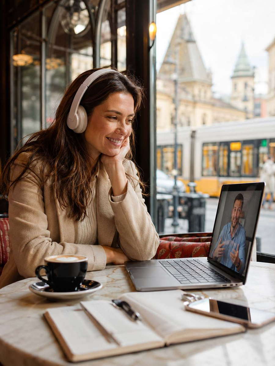 Frau nimmt mit Kopfhörern an einem Ungarisch Onlinekurs im Café teil