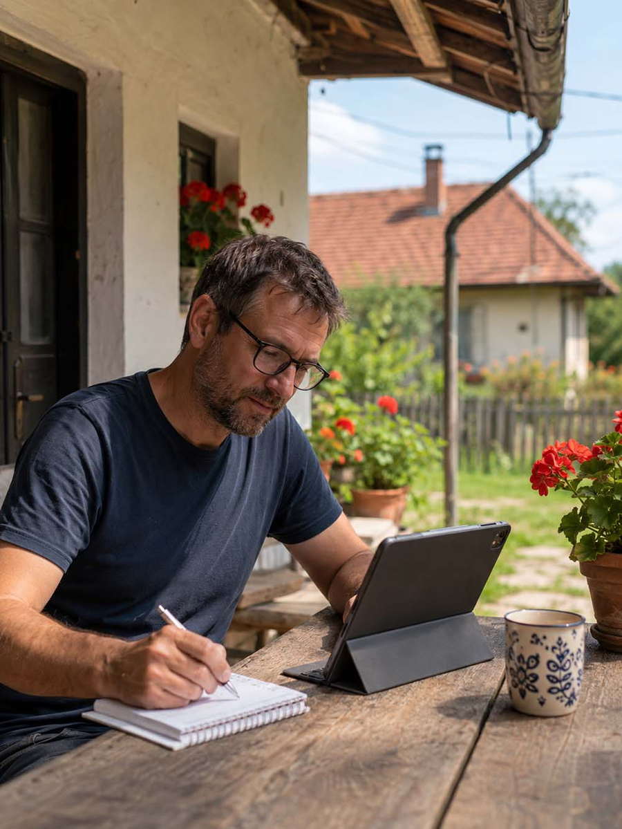 Mann lernt Ungarisch mit Tablet und Notizbuch auf einer Veranda in Ungarn