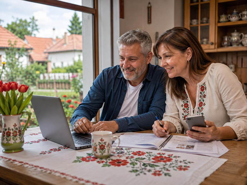 Paar lernt zu Hause mit Laptop und Notizen Ungarisch