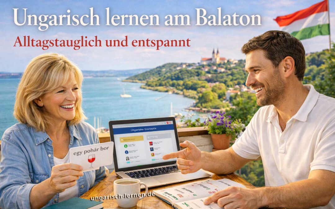 Lachende Frau 50+ lernt Ungarisch am Balaton mit Lernkarten und Laptop im Gespräch mit einem ungarischen Lehrer, See im Hintergrund.