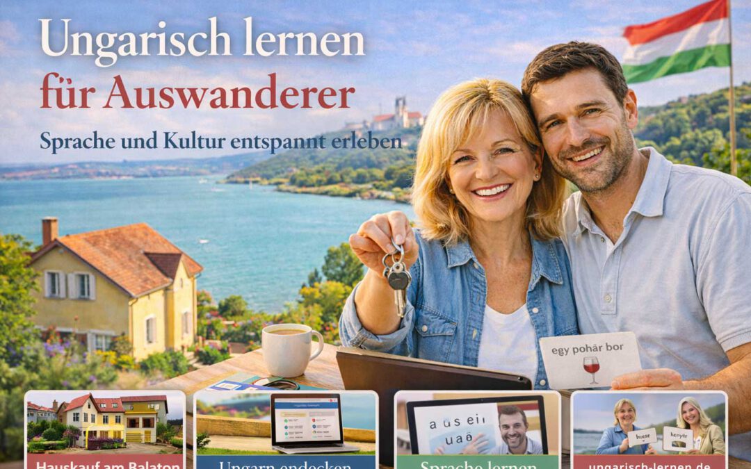 Glückliches Paar am Balaton lernt Ungarisch für den Neustart in Ungarn, hält Hausschlüssel und Lernkarten, See und ungarische Flagge im Hintergrund.