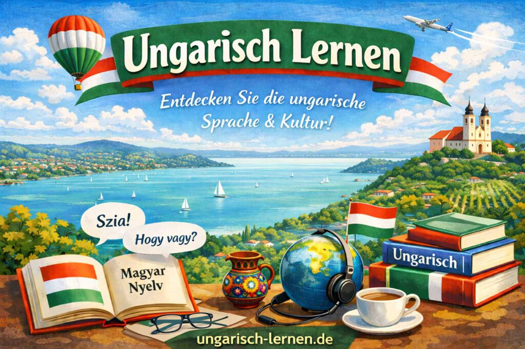 Balaton-Titelbild für ungarisch-lernen.de: Illustration mit Segelbooten und Lernmaterial (Bücher, Kopfhörer) für einen Online-Sprachkurs Ungarisch für deutsche Auswanderer.