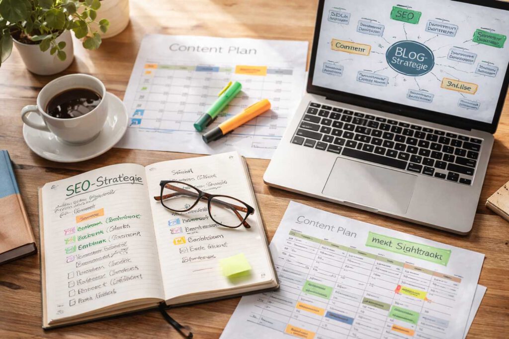 Arbeitsplatz mit Laptop, Content-Plan und SEO-Notizen – Symbolbild für individuelle Blogstrategie, Suchmaschinenoptimierung und GAIO-Beratung ohne Baukasten