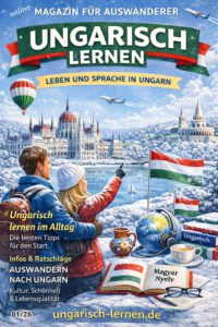 Winter Titelbild des Online-Magazins „Ungarisch lernen“ mit ungarischer Kultur, Alltagsszenen und Lernmotiven für deutschsprachige Leserinnen und Leser