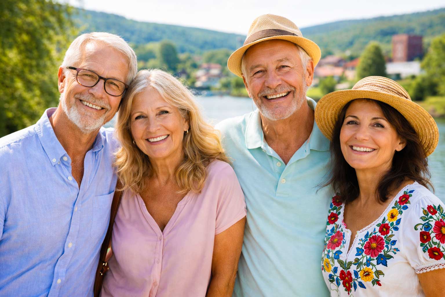 Ungarisch lernen im Ruhestand am Balaton – älteres deutsches und ungarisches Paar lächelt zuversichtlich am See in Westungarn, Symbol für Integration, neue Heimat und Sprache lernen im Alter.