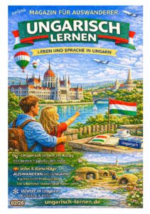 Titelbild des Online-Magazins „Ungarisch lernen“ für Auswanderer in Ungarn mit Blick auf Budapest, ungarischer Flagge und Alltagsszenen – Ausgabe 02/2026 als kostenloses PDF.