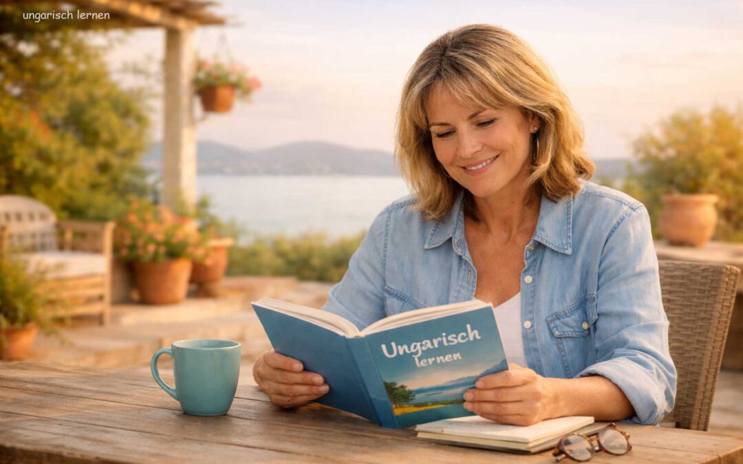 Motivierte Frau mittleren Alters lernt Ungarisch entspannt am Tisch – Symbolbild zur Frage wie schwer es ist Ungarisch zu lernen