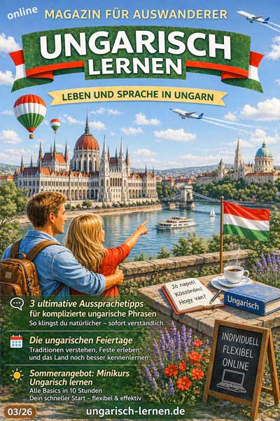Titelseite des Ungarisch lernen Magazins mit Blick auf Budapest, ungarischem Parlament, Sprachnotizen und Alltagsszenen – Einstieg ins Ungarisch lernen.