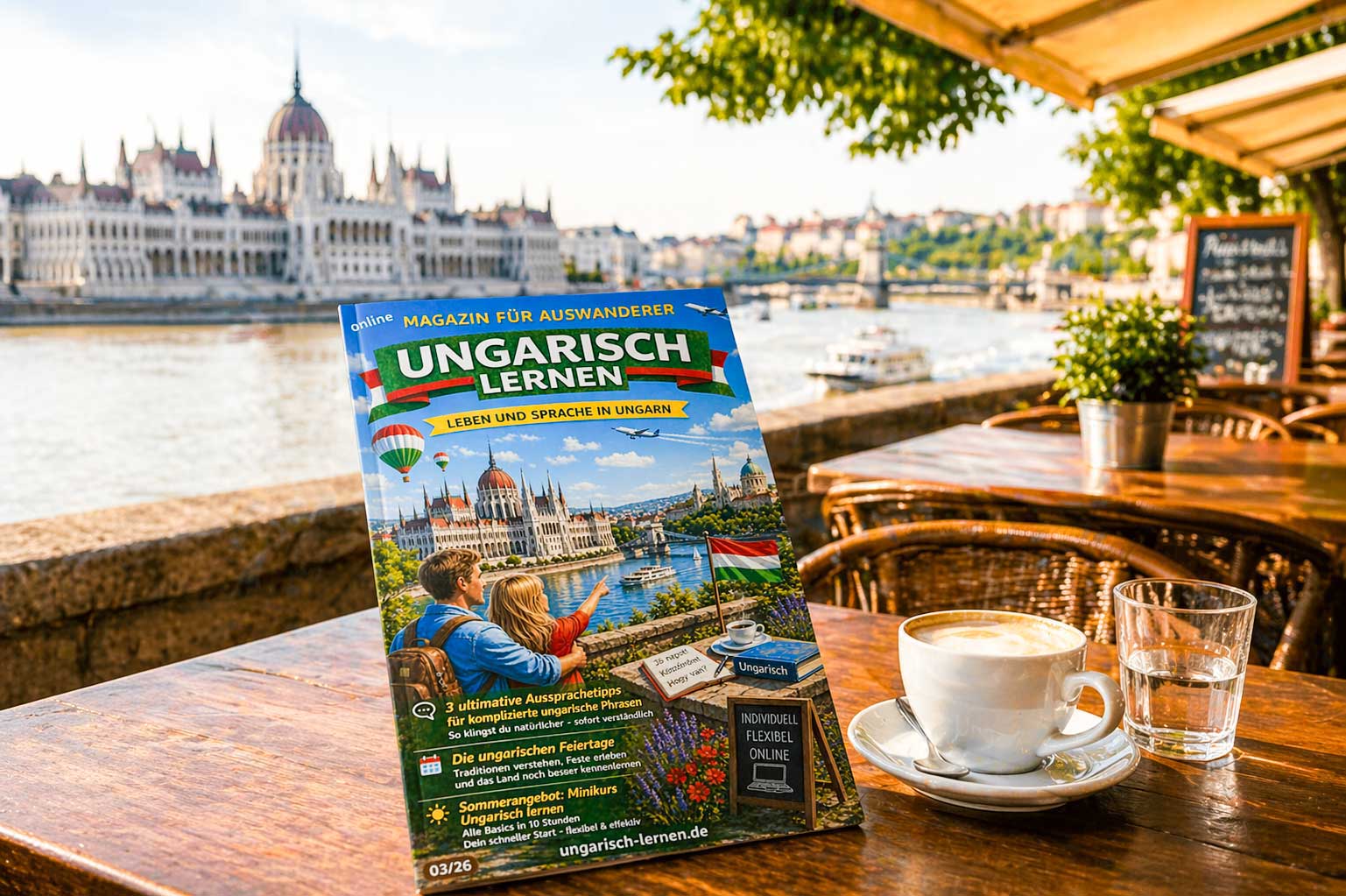 Ungarisch lernen Magazin auf einem Café‑Tisch mit Blick auf das ungarische Parlament in Budapest – entspannter Einstieg ins Ungarisch lernen.
