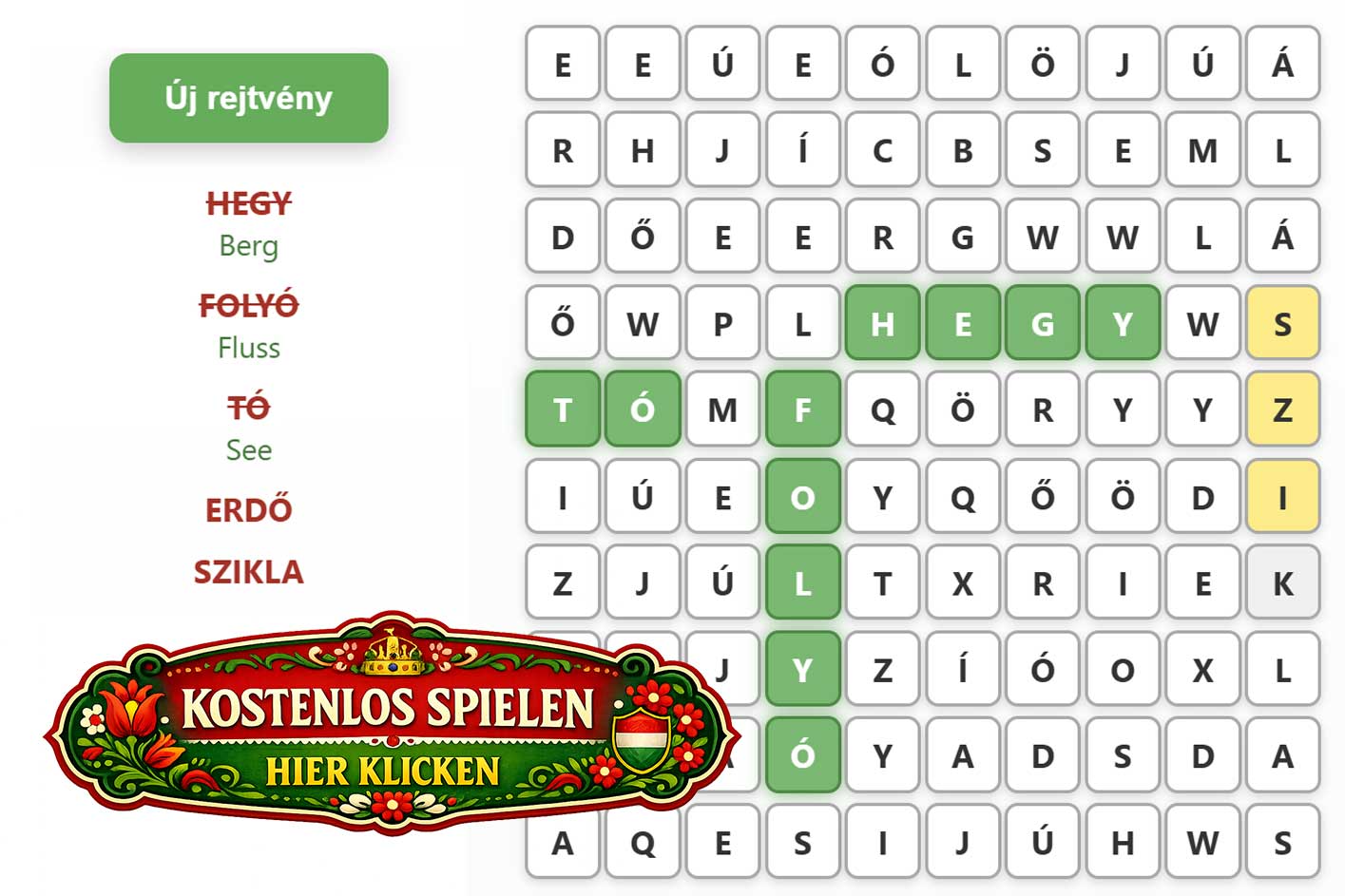 Interaktives Online-Wortspiel zum Ungarisch lernen mit deutschen Übersetzungen wie Berg, Fluss und See – kostenlos und ohne Anmeldung spielbar
