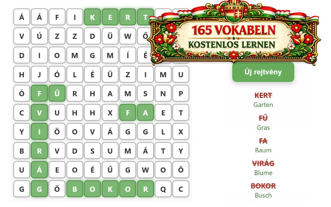 Online Sprachspiel zum Ungarisch lernen mit interaktivem Buchstabenrätsel und deutschen Übersetzungen wie Baum und Blume – kostenlos und ohne Anmeldung nutzbar