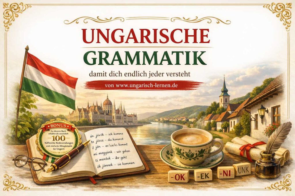 Ungarische Grammatik zeigt ungarische Flagge ein offenes Grammatikbuch mit Notizen eine Kaffeetasse und goldene Verzierungen vor der Kulisse des Parlaments in Budapest
